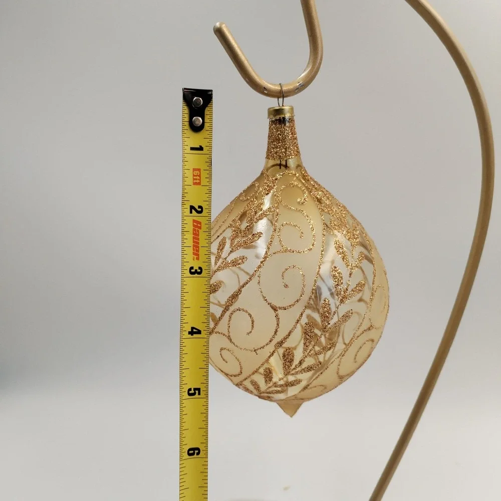2 Handblown Champagne Glass Finial Ornaments Gold Glitter Filigree Michoacan